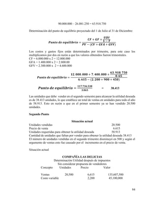 84
90.000.000 – 26.081.250 = 63.918.750
Determinación del punto de equilibrio proyectado del 1 de Julio al 31 de Diciembre:
𝑷𝒖𝒏𝒕𝒐 𝒅𝒆 𝒆𝒒𝒖𝒊𝒍𝒊𝒃𝒓𝒊𝒐 =
𝑪𝑭 + 𝑮𝑭 +
𝑼𝑫𝑰
𝟏 − 𝑻
𝑷𝑽 − (𝑪𝑽 + 𝑮𝑽𝑨 + 𝑮𝑽𝑽)
Los costos y gastos fijos están determinados por trimestre, para este caso los
multiplicamos por dos en razón a que los valores obtenidos fueron trimestrales.
CF = 6.000.000 x 2 = 12.000.000
GFA = 1.400.000 x 2 = 2.800.00
GFV = 2.300.000 x 2 = 4.600.000
𝑷𝒖𝒏𝒕𝒐 𝒅𝒆 𝒆𝒒𝒖𝒊𝒍𝒊𝒃𝒓𝒊𝒐 =
𝟏𝟐. 𝟎𝟎𝟎. 𝟎𝟎𝟎 + 𝟕. 𝟒𝟎𝟎. 𝟎𝟎𝟎 +
𝟔𝟑. 𝟗𝟏𝟖. 𝟕𝟓𝟎
𝟎. 𝟔𝟓
𝟔. 𝟔𝟏𝟓 − (𝟐. 𝟐𝟎𝟎 + 𝟗𝟎𝟎 + 𝟒𝟓𝟎)
𝑷𝒖𝒏𝒕𝒐 𝒅𝒆 𝒆𝒒𝒖𝒊𝒍𝒊𝒃𝒓𝒊𝒐 =
𝟏𝟏𝟕.𝟕𝟑𝟔.𝟓𝟑𝟖
𝟑.𝟎𝟔𝟓
= 38.413
Las unidades que debe vender en el segundo semestre para alcanzar la utilidad deseada
es de 38.413 unidades, lo que establece un total de ventas en unidades para todo el año
de 58.913. Esto en razón a que en el primer semestre ya se han vendido 20.500
unidades.
Segundo Punto
Situación actual
Unidades vendidas 20.500
Precio de venta 6.615
Unidades requeridas para obtener la utilidad deseada 58.913
Cantidad de unidades que faltan por vender para obtener la utilidad deseada 38.413
El número de unidades vendidas en el segundo trimestre disminuyó en 500 y según el
argumento de ventas esto fue causado por el incremento en el precio de venta.
Situación actual
COMPAÑÍA LAS DELICIAS
Determinación Utilidad después de impuestos
Sin considerar propuesta de vendedores
Concepto Unidades Precio Valor
Ventas 20,500 6,615 135,607,500
Costo variable 2,200 45,100,000
 