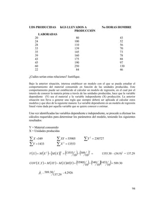 94
UDS PRODUCIDAS KGS LLEVADOS A No HORAS HOMBRE
PRODUCCIÓN
LABORADAS
20 80 43
24 100 52
28 110 56
33 139 70
35 145 73
39 160 78
43 175 88
45 190 97
60 250 130
22 84 46
¿Cuáles serían estas relaciones? Justifique.
Bajo la anterior situación, interesa establecer un modelo con el que se pueda estudiar el
comportamiento del material consumido en función de las unidades producidas. Este
comportamiento puede ser establecido al calcular un modelo de regresión, en el cual por el
interés de conocer la materia prima a través de las unidades producidas, hace que la variable
dependiente (Y) sea el material y la variable independiente (X) producción. La anterior
situación nos lleva a generar una regla que siempre deberá ser aplicada al calcular estos
modelos y que dice de la siguiente manera: La variable dependiente en un modelo de regresión
lineal viene dada por aquella variable que se quiere conocer o estimar.
Una vez identificadas las variables dependiente e independiente, se procede a efectuar los
cálculos requeridos para determinar los parámetros del modelo, teniendo los siguientes
resultados:
Y = Material consumido
X = Unidades producidas
 349X   55905XY   2307272
Y
 1433Y  135532
X
           
222
10
349
10
13553XMXMXV 1355.30 – (34.9)2
= 137.29
             30.589
10
1433
10
349
10
55905,  YMXMXYMYXCOV
1

=
29.137
30.589 = 4.2926
 