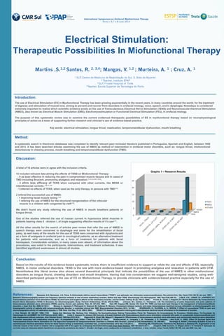 Introduction:
The use of Electrical Stimulation (ES) in Myofunctional Therapy has been growing exponentially in the recent years, in many countries around the world, for the treatment
of algesias and stimulation of muscle tone, aiming to prevent and recover from disorders in orofacial miology, voice, speech, and in dysphagia. Nowadays is considered
extremely important to realize which scientific evidence exists on the use of Transcutaneous Electrical Nerve Stimulation (TENS) and Neuromuscular Electrical Stimulation
(NMES), also known as Electrical Muscle Stimulation (EMS), Electromyostimulation or Functional Electrical Stimulation (FES), in orofacial miology.
The purpose of this systematic review was to examine the current evidenced therapeutic possibilities of ES in myofunctional therapy based on neurophysiological
principles of action as a mean of supporting further research and clinician’s use of evidence-based practice.
Key words: electrical stimulation, tongue thrust, mastication, temporomandibular dysfunction, mouth breathing
Electrical Stimulation:
Therapeutic Possibilities In Miofunctional Therapy
Martins ,S.1,2 Santos, R. 2, 3,4; Mangas, V. 1,2 ; Murteira, A. 1 ; Cruz, A. 1
1 SLP, Centro de Medicina de Reabilitação do Sul, S. Brás de Alportel
2 Teacher, Instituto EPAP
3 SLP, Private Hospital of Trofa
4Teacher, Escola Superior de Tecnologia do Porto
International Symposium on Orofacial Myofunctional Therapy
Rome | 6,7 e 8 June 2014
Method:
A systematic search in Electronic databases was completed to identify relevant peer-reviewed literature published in Portuguese, Spanish and English, between 1985
and 2013. It has been searched articles examining the use of NMES as method of intervention in orofacial motor disorders, such as: tongue thrust, miofunctional
disturbances in chewing process, mouth breathing and temporomandibular dysfunction (TMD).
Discussion:
A total of 16 articles were in agree with the inclusion criteria.
13 included relevant data aiming the effects of TENS on Miofunctional Therapy:
- 9 as been effective in reducing the pain in compromised muscle tissues and in cases of
TMD including Bruxism, promoving analgesia and relaxation.(1,2,3,4,5,6,7,8,9);
- 3 afirm less efficacy of TENS when compared with other currents, like MENS or
intereferencial currents. (10,11,12)
- 1 referred no effects of TENS, when used as the only therapy, in persons with TMD(13)
2 refered the successfull use of NMES:
- 1 improving facial muscle toning (14)
- 1 refering the use of NMES for the structural reorganization of the orbicular
muscle in a children with congenital lip cleft(15).
We didn't found any study referring the use of NMES in mouth breathers patients or
tongue thrust.
One of the studies referred the use of russian current in hypotonics labial muscles in
patients bearing class II - division I, of Angle suggesting effective results of it’s use(17).
All the other results for the search of articles peer review that refer the use of NMES in
speech therapy were concerned to dysphagia and some for the rehabilitation of facial
palsy, as well many of the results for the use of TENS were concerned with dysphonia and
as a form of analgesia in orofacial pain in oncological patients, as an alternative treatment
for patients whit xerostomia, and as a form of treatment for patients with facial
hemispasm. Considerable variation, in many cases even absent, of information about the
procedures, was noted in the participants, interventions, and treatment schedules. It was
identified significant weaknesses in almost all studies.
Conclusion:
Based on the results of this evidence-based systematic review, there is insufficient evidence to support or refute the use and effects of ES, especially
NMES, in motor orofacial disorders. TENS is the one with more evidence-based report in promoting analgesia and relaxation in patients with DTM.
Nevertheless this literal review also shows several theoretical principals that indicate the possibilities of the use of NMES in other miofunctional
disorders as tongue thurst, chewing disorders and mouth breathers. Having that into consideration we suggest well-designed studies, using well-
described participant groups in the use of ES on Miofunctional Therapy, to provide clinicians with evidence-based practice especially for the use of
NMES.
References: [1] Bassanta, A.D; Sproesser, J.G; Paiva, G..Estimulação elétrica neural transcutânea ("TENS"): sua aplicação nas disfunções temporomandibulares, Rev.odontol.Univ. São Paulo;11(2):109-16, abr.-jun. 1997.; [2]
Bazzotti L.Electromyography tension and frequency spectrum analysis at rest of some masticatory muscles, before and after TENS. Electromyogr Clin Neurophysiol. 1997 Sep;37(6):365-78.; [3] EBLE, O.S.; JONAS, I.E.; KAPPERT, H.F.
Transcutaneous electrical nerve stimulation (TENS): its short-term and longterm effects on the masticatory muscles. Journal Orofac. Orthop. 61 (2): 100-11, 2000.; [4] Frucht, S.; Jonas, I.; Kappert, H.F. Muscle Relaxation By Transcutaneous
Electric Nerve Stimulation (TENS) In Bruxismo. An Electromyographic Study. Fortschr Kieferorthop. 56 (5): 245-53,1995.; [5] Johnson, M.I.; Ashton, C.; Thompson, J.W. The Consistency of pulso frequencies oral pulse patterns of
transcutaneous electrical nerve stimulation (TENS) used by chronic pain patients. Pain, 44: 231-234, 1991.; [6] Kato MT, Kogawa EM, Santos CN, Conti PC. TENS and low-level laser therapy in the management of temporomandibular
disorders. J Appl Oral Sci. 2006;14:130-5.; [7] Monaco A, Sgolastra F, Pietropaoli D, Giannoni M, Cattaneo R. Monaco. Comparison between sensory and motor transcutaneous electrical nervous stimulation on electromyographic and
kinesiographic activity of patients with temporomandibular disorder: a controlled clinical trial. BMC Musculoskeletal Disorders 2013, 14:168.; [8] RODRIGUES, D.; OLIVEIRA, A. S.; BERZIN, F. Effect of conventional TENS on pain and
electromyographic activity of masticatory muscles in TDM. Braz. Oral Res, 18 (4): 290-5, 2004.; [9] TREACY, K. Awareness/relaxation training and transcutaneous electrical neural stimulation in the treatment of bruxism.
J. Oral. Rehabil, 26: 280-287, 1999.; [13];[10] Arana Ars, Marchese Mp, Barbosa Cmr. Influência Da Neuroestimulação Elétrica Transcutânea (Tens) No Tratamento De Incoordenação Do Complexo Côndilo-disco. Fol.Faculdade De
Odontologia De Lis/UNIMEP, Vol.14 Nº1jan/Jun:44-53, 2002.; [11] Linde C, Isacsson G.,Jonsson BG.Outcome of 6-week treatment with transcutaneous electric nerve stimulation compared with splint on symptomatic temporomandibular joint
disk displacement without reduction. Acta Odontol Scand. 1995 Apr;53(2):92-8.; [12] Rajpurohit B, Khatri SM, Metgud D, Bagewadi A. Effectiveness of transcutaneous electrical nerve stimulation and microcurrent electrical nerve stimulation
in bruxism associated with masticatory muscle pain - A comparative study. Indian J Dent Res 2010;21:104-6.; [13] Alvarez-arenal, A., Junquera, L. M., Fernández, J. P., González, I. And OLAY, S. (2002), Effect Of Occlusal Splint And
Transcutaneous Electric Nerve Stimulation On The Signs And Symptoms Of Temporomandibular Disorders In Patients With Bruxism. Journal Of Oral Rehabilitation, 29: 858–863.; [14] Kavanagh S, Newell J,Hennessy M,Sadick N.Use of a
neuromuscular electrical stimulation device for facial muscle toning: a randomized, controlled trial. J Cosmet Dermatol. 2012 Dec;11(4):261-6. ; [15] Shmerling MD, Filiushina EE, Plotnikova NA, Buzueva II, Zheleznyĭ PA. Organization of the
orbicular muscle of the mouth in children with a congenital cleft of the upper lip undergoing electrostimulation.Arkh Anat Gistol Embriol. 1987 Nov;93(11):81-7. [16] Gugisch, KBB; Aumann, S; Klippel Júnior J H; Nohama P. Aplicação da
corrente russa em músculos labiais hipotônicos em pacientes portadores de classe II - divisão I, de Angle, como coadjuvante no tratamento ortodôntico. J. bras. ortodon. ortop. Faciall,10(56):149-158, mar.-abr.2005. ilus, tab.
TENS
NMES
OTHER
0
5
10
15
20
25
TENS
NMES
OTHER
Graphic 1 – Research Results
 