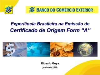 Experiência Brasileira na Emissão de
Certificado de Origem Form “A”




             Ricardo Goya
              junho de 2010
                                       11
 