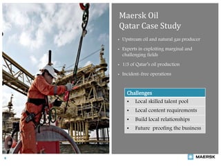 Maersk Oil
Qatar Case Study
8
• Upstream oil and natural gas producer
• Experts in exploiting marginal and
challenging fields
• 1/3 of Qatar’s oil production
• Incident-free operations
Challenges
• Local skilled talent pool
• Local content requirements
• Build local relationships
• Future proofing the business
 