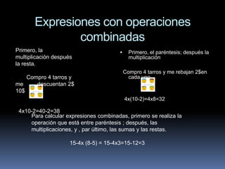 Expresiones con operaciones
combinadas
Primero, la
multiplicación después
la resta.
Compro 4 tarros y
me
descuentan 2$
10$



Primero, el paréntesis; después la
multiplicación
Compro 4 tarros y me rebajan 2$en
cada uno.

4x(10-2)=4x8=32

4x10-2=40-2=38
Para calcular expresiones combinadas, primero se realiza la
operación que está entre paréntesis ; después, las
multiplicaciones, y , par último, las sumas y las restas.
15-4x (8-5) = 15-4x3=15-12=3

 