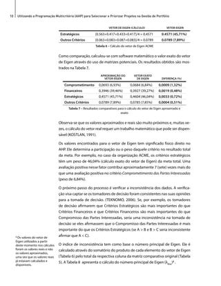 10 Utilizando a Programação Multicritério (AHP) para Selecionar e Priorizar Projetos na Gestão de Portfólio 
VETOR DE EIGEN (CÁLCULO) VETOR EIGEN 
Estratégicos [0.563+0.417+0.433+0.417]/4 = 0.4571 0.4571 (45,71%) 
Outros Critérios [0.063+0.083+0.087+0.083]/4 = 0.0789 0.0789 (7,89%) 
Tabela 6 – Cálculo do vetor de Eigen ACME 
Como comparação, calculou-se com software matemático o valor exato do vetor 
de Eigen através do uso de matrizes potenciais. Os resultados obtidos são mos-trados 
na Tabela 7. 
APROXIMAÇÃO DO 
VETOR EIGEN 
VETOR EXATO 
DE EIGEN DIFERENÇA (%) 
Comprometimento 0,0693 (6,93%) 0,0684 (6,84%) 0,0009 (1,32%) 
Financeiros 0,3946 (39,46%) 0,3927 (39,27%) 0,0019 (0,48%) 
Estratégicos 0,4571 (45,71%) 0,4604 (46,04%) 0,0033 (0,72%) 
Outros Critérios 0,0789 (7,89%) 0,0785 (7,85%) 0,0004 (0,51%) 
Tabela 7 – Resultados comparativos para o cálculo do vetor de Eigen aproximado e 
exato 
Observa-se que os valores aproximados e reais são muito próximos e, muitas ve-zes, 
o cálculo do vetor real requer um trabalho matemático que pode ser dispen-sável 
(KOSTLAN, 1991). 
Os valores encontrados para o vetor de Eigen tem significado físico direto no 
AHP. Ele determina a participação ou o peso daquele critério no resultado total 
da meta. Por exemplo, no caso da organização ACME, os critérios estratégicos 
têm um peso de 46,04% (cálculo exato do vetor de Eigen) da meta total. Uma 
avaliação positiva nesse fator contribui aproximadamente 7 (sete) vezes mais do 
que uma avaliação positiva no critério Comprometimento das Partes Interessadas 
(peso de 6,84%). 
O próximo passo do processo é verificar a inconsistência dos dados. A verifica-ção 
visa captar se os tomadores de decisão foram consistentes nas suas opiniões 
para a tomada de decisão. (TEKNOMO, 2006). Se, por exemplo, os tomadores 
de decisão afirmarem que Critérios Estratégicos são mais importantes do que 
Critérios Financeiros e que Critérios Financeiros são mais importantes do que 
Compromisso das Partes Interessadas, seria uma inconsistência na tomada de 
decisão se eles afirmassem que o Compromisso das Partes Interessadas é mais 
importante do que os Critérios Estratégicos (se A > B e B > C seria inconsistente 
afirmar que A < C). 
O índice de inconsistência tem como base o número principal de Eigen. Ele é 
calculado através do somatório do produto de cada elemento do vetor de Eigen 
(Tabela 6) pelo total da respectiva coluna da matriz comparativa original (Tabela 
5). A Tabela 8 apresenta o cálculo do número principal de Eigen (λMax)2 . 
2 Os valores do vetor de 
Eigen utilizados a partir 
deste momento nos cálculos 
foram os valores reais e não 
os valores aproximados, 
uma vez que os valores reais 
já estavam calculados e 
disponíveis. 
 