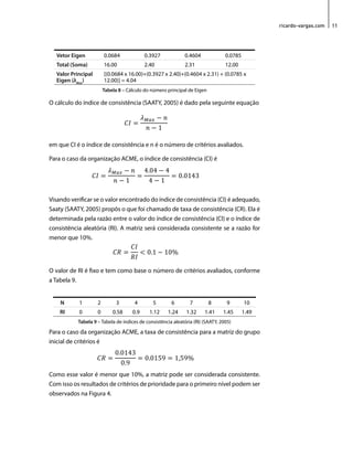 ricardo-vargas.com 11 
Vetor Eigen 0.0684 0.3927 0.4604 0.0785 
Total (Soma) 16.00 2.40 2.31 12.00 
Valor Principal 
Eigen (λMax) 
[(0.0684 x 16.00)+(0.3927 x 2.40)+(0.4604 x 2.31) + (0.0785 x 
12.00)] = 4.04 
Tabela 8 – Cálculo do número principal de Eigen 
O cálculo do índice de consistência (SAATY, 2005) é dado pela seguinte equação 
(흀흀푴푴푴푴푴푴) 
Table 7 – Calculation of Maximum Eigenvalue 
퐶퐶퐶퐶 = 
휆휆!"# − 푛푛 
푛푛 − 1 
Where CI is the Consistency Index and n is the number of evaluated criteria. 
For our ACME organization, the Consistency Index (CI) is 
퐶퐶퐶퐶 = 
휆휆!"# − 푛푛 
푛푛 − 1 
= 
4.04 − 4 
4 − 1 
= 0.0143 
In order to verify whether the Consistency Index (CI) is adequate, Saaty (SAATY, 2005) 
suggests what has been called Consistency Rate (CR), which is determined by the ratio 
between the Consistency Index and the Random Consistency Index (RI). The matrix will be 
considered consistent if the resulting ratio is less than 10%. 
The calculation of the Consistency Index (SAATY, 2005) is given by the following formula 
퐶퐶퐶퐶 = 
퐶퐶퐶퐶 
푅푅푅푅 
< 0.1 ~ 10% 
The RI value is fixed and is based on the number of evaluated criteria, as shown on Table 8. 
N 1 2 3 4 5 6 7 8 9 10 
RI 0 0 0.58 0.9 1.12 1.24 1.32 1.41 1.45 1.49 
Table 8 – Table of Random Consistency Indices (RI) (SAATY, 2005) 
For our ACME organization, the Consistency Rate for the initial criteria group is 
퐶퐶퐶퐶 = 
0.0143 
0.9 
= 0.0159 = 1,59% 
Since its value is less than 10%, the matrix can be considered to be consistent. 
The priority criteria results for the first level can be seen in Figure 4. 
Figure 4 – Results of the Comparison Matrix for ACME’s Criteria Group, demonstrating the contribution of each criterion to the 
goal defined for the organization 
By looking at Figure 4 and the Eigenvector values, it is evident that the Strategic Criteria 
em que CI é o índice de consistência e n é o número de critérios avaliados. 
Para o caso da organização ACME, o índice de consistência (CI) é 
(흀흀푴푴푴푴푴푴) 
Table 7 – Calculation of Maximum Eigenvalue 
퐶퐶퐶퐶 = 
휆휆!"# − 푛푛 
푛푛 − 1 
Where CI is the Consistency Index and n is the number of evaluated criteria. 
For our ACME organization, the Consistency Index (CI) is 
퐶퐶퐶퐶 = 
휆휆!"# − 푛푛 
푛푛 − 1 
= 
4.04 − 4 
4 − 1 
= 0.0143 
In order to verify whether the Consistency Index (CI) is adequate, Saaty (SAATY, 2005) 
suggests what has been called Consistency Rate (CR), which is determined by the ratio 
between the Consistency Index and the Random Consistency Index (RI). The matrix will be 
considered consistent if the resulting ratio is less than 10%. 
The calculation of the Consistency Index (SAATY, 2005) is given by the following formula 
퐶퐶퐶퐶 = 
퐶퐶퐶퐶 
푅푅푅푅 
< 0.1 ~ 10% 
The RI value is fixed and is based on the number of evaluated criteria, as shown on Table 8. 
N 1 2 3 4 5 6 7 8 9 10 
RI 0 0 0.58 0.9 1.12 1.24 1.32 1.41 1.45 1.49 
Table 8 – Table of Random Consistency Indices (RI) (SAATY, 2005) 
For our ACME organization, the Consistency Rate for the initial criteria group is 
퐶퐶퐶퐶 = 
0.0143 
0.9 
= 0.0159 = 1,59% 
Since its value is less than 10%, the matrix can be considered to be consistent. 
The priority criteria results for the first level can be seen in Figure 4. 
Figure 4 – Results of the Comparison Matrix for ACME’s Criteria Group, demonstrating the contribution of each criterion to the 
goal defined for the organization 
By looking at Figure 4 and the Eigenvector values, it is evident that the Strategic Criteria 
Visando verificar se o valor encontrado do índice de consistência (CI) é adequado, 
Saaty (SAATY, 2005) propôs o que foi chamado de taxa de consistência (CR). Ela é 
determinada pela razão entre o valor do índice de consistência (CI) e o índice de 
consistência aleatória (RI). A matriz será considerada consistente se a razão for 
menor que 10%. 
O valor de RI é fixo e tem como base o número de critérios avaliados, conforme 
a Tabela 9. 
N 1 2 3 4 5 6 7 8 9 10 
RI 0 0 0.58 0.9 1.12 1.24 1.32 1.41 1.45 1.49 
Tabela 9 – Tabela de índices de consistência aleatória (RI) (SAATY, 2005) 
Para o caso da organização ACME, a taxa de consistência para a matriz do grupo 
inicial de critérios é 
Como esse valor é menor que 10%, a matriz pode ser considerada consistente. 
Com isso os resultados de critérios de prioridade para o primeiro nível podem ser 
observados na Figura 4. 
(흀흀푴푴푴푴푴푴) 
Table 7 – Calculation of Maximum Eigenvalue 
퐶퐶퐶퐶 = 
휆휆!"# − 푛푛 
푛푛 − 1 
Where CI is the Consistency Index and n is the number of evaluated criteria. 
For our ACME organization, the Consistency Index (CI) is 
퐶퐶퐶퐶 = 
휆휆!"# − 푛푛 
푛푛 − 1 
= 
4.04 − 4 
4 − 1 
= 0.0143 
In order to verify whether the Consistency Index (CI) is adequate, Saaty (SAATY, 2005) 
suggests what has been called Consistency Rate (CR), which is determined by the ratio 
between the Consistency Index and the Random Consistency Index (RI). The matrix will be 
considered consistent if the resulting ratio is less than 10%. 
The calculation of the Consistency Index (SAATY, 2005) is given by the following formula 
퐶퐶퐶퐶 = 
퐶퐶퐶퐶 
푅푅푅푅 
< 0.1 ~ 10% 
The RI value is fixed and is based on the number of evaluated criteria, as shown on Table 8. 
N 1 2 3 4 5 6 7 8 9 10 
RI 0 0 0.58 0.9 1.12 1.24 1.32 1.41 1.45 1.49 
Table 8 – Table of Random Consistency Indices (RI) (SAATY, 2005) 
For our ACME organization, the Consistency Rate for the initial criteria group is 
퐶퐶퐶퐶 = 
0.0143 
0.9 
= 0.0159 = 1,59% 
Since its value is less than 10%, the matrix can be considered to be consistent. 
The priority criteria results for the first level can be seen in Figure 4. 
Figure 4 – Results of the Comparison Matrix for ACME’s Criteria Group, demonstrating the contribution of each criterion to the 
goal defined for the organization 
By looking at Figure 4 and the Eigenvector values, it is evident that the Strategic Criteria 
(흀흀푴푴푴푴푴푴) 
Table 7 – Calculation of Maximum Eigenvalue 
퐶퐶퐶퐶 = 
휆휆!"# − 푛푛 
푛푛 − 1 
Where CI is the Consistency Index and n is the number of evaluated criteria. 
For our ACME organization, the Consistency Index (CI) is 
퐶퐶퐶퐶 = 
휆휆!"# − 푛푛 
푛푛 − 1 
= 
4.04 − 4 
4 − 1 
= 0.0143 
In order to verify whether the Consistency Index (CI) is adequate, Saaty (SAATY, 2005) 
suggests what has been called Consistency Rate (CR), which is determined by the ratio 
between the Consistency Index and the Random Consistency Index (RI). The matrix will be 
considered consistent if the resulting ratio is less than 10%. 
The calculation of the Consistency Index (SAATY, 2005) is given by the following formula 
퐶퐶퐶퐶 = 
퐶퐶퐶퐶 
푅푅푅푅 
< 0.1 ~ 10% 
The RI value is fixed and is based on the number of evaluated criteria, as shown on Table 8. 
N 1 2 3 4 5 6 7 8 9 10 
RI 0 0 0.58 0.9 1.12 1.24 1.32 1.41 1.45 1.49 
Table 8 – Table of Random Consistency Indices (RI) (SAATY, 2005) 
For our ACME organization, the Consistency Rate for the initial criteria group is 
퐶퐶퐶퐶 = 
0.0143 
0.9 
= 0.0159 = 1,59% 
Since its value is less than 10%, the matrix can be considered to be consistent. 
The priority criteria results for the first level can be seen in Figure 4. 
Figure 4 – Results of the Comparison Matrix for ACME’s Criteria Group, demonstrating the contribution of each criterion to the 
goal defined for the organization 
 