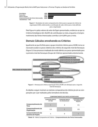 12 Utilizando a Programação Multicritério (AHP) para Selecionar e Priorizar Projetos na Gestão de Portfólio 
Figura 4 – Resultados da matriz comparativa de critérios para os grupos de critérios da 
organização ACME, evidenciando a contribuição de cada critério para a meta definida 
para a organização 
Pela Figura 4 e pelos valores do vetor de Eigen apresentados, evidencia-se que os 
Critérios Estratégicos têm 46,04% de contribuição na meta, enquanto o Compro-metimento 
das Partes Interessadas contribui com 6,84% para a meta. 
Demais Cálculos envolvendo os Critérios 
Igualmente ao que foi feito para o grupo inicial de critérios para a ACME, torna-se 
necessário avaliar os pesos relativos dos critérios do segundo nível da hierarquia 
(Figura 5). Esse processo é realizado de modo idêntico ao passo apresentado para 
o primeiro nível da hierarquia (Grupo de Critérios) apresentado anteriormente. 
Figura 5 – Hierarquia de critérios organização fictícia ACME com destaque para o segundo 
nível da hierarquia 
As tabelas a seguir mostram as matrizes comparativas de critérios já com as com-parações 
par a par realizadas pelos tomadores de decisão. 
COMPROMETIMENTO DAS PARTES INTERESSADAS 
COMPROMETIMENTO 
DO TIME 
COMPROMETIMENTO 
DA ORGANIZAÇÃO 
COMPROMETIMENTO 
DO GERENTE DO 
PROJETO 
Comprometimento do 
Time 1 3 1/5 
Comprometimento da 
Organização 1/3 1 1/9 
Comprometimento do 
Gerente do Projeto 5 9 1 
Tabela 10 – Matriz Comparativa de Critérios – Comprometimento das Partes Interessadas 
 