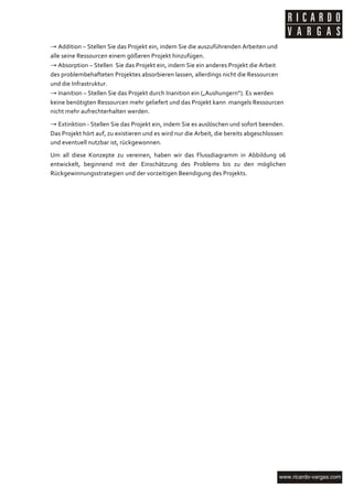 →	
  Addition	
  –	
  Stellen	
  Sie	
  das	
  Projekt	
  ein,	
  indem	
  Sie	
  die	
  auszuführenden	
  Arbeiten	
  und	
  
alle	
  seine	
  Ressourcen	
  einem	
  gößeren	
  Projekt	
  hinzufügen.	
  
→	
  Absorption	
  –	
  Stellen	
  	
  Sie	
  das	
  Projekt	
  ein,	
  indem	
  Sie	
  ein	
  anderes	
  Projekt	
  die	
  Arbeit	
  
des	
  problembehafteten	
  Projektes	
  absorbieren	
  lassen,	
  allerdings	
  nicht	
  die	
  Ressourcen	
  
und	
  die	
  Infrastruktur.	
  
→	
  Inanition	
  –	
  Stellen	
  Sie	
  das	
  Projekt	
  durch	
  Inanition	
  ein	
  („Aushungern“).	
  Es	
  werden	
  
keine	
  benötigten	
  Ressourcen	
  mehr	
  geliefert	
  und	
  das	
  Projekt	
  kann	
  	
  mangels	
  Ressourcen	
  
nicht	
  mehr	
  aufrechterhalten	
  werden.	
  

→	
  Extinktion	
  -­‐	
  Stellen	
  Sie	
  das	
  Projekt	
  ein,	
  indem	
  Sie	
  es	
  auslöschen	
  und	
  sofort	
  beenden.	
  
Das	
  Projekt	
  hört	
  auf,	
  zu	
  existieren	
  und	
  es	
  wird	
  nur	
  die	
  Arbeit,	
  die	
  bereits	
  abgeschlossen	
  
und	
  eventuell	
  nutzbar	
  ist,	
  rückgewonnen.	
  
Um	
   all	
   diese	
   Konzepte	
   zu	
   vereinen,	
   haben	
   wir	
   das	
   Flussdiagramm	
   in	
   Abbildung	
   06	
  
entwickelt,	
   beginnend	
   mit	
   der	
   Einschätzung	
   des	
   Problems	
   bis	
   zu	
   den	
   möglichen	
  
Rückgewinnungsstrategien	
  und	
  der	
  vorzeitigen	
  Beendigung	
  des	
  Projekts.	
  




	
  
 
