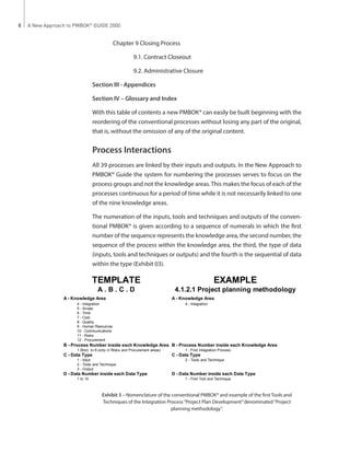 A New Approach to PMBOK®
GUIDE 20008
	 Chapter 9 Closing Process
		 9.1. Contract Closeout
		 9.2. Administrative Closure
Section III - Appendices
Section IV – Glossary and Index
With this table of contents a new PMBOK® can easily be built beginning with the
reordering of the conventional processes without losing any part of the original,
that is, without the omission of any of the original content.
Process Interactions
All 39 processes are linked by their inputs and outputs. In the New Approach to
PMBOK® Guide the system for numbering the processes serves to focus on the
process groups and not the knowledge areas.This makes the focus of each of the
processes continuous for a period of time while it is not necessarily linked to one
of the nine knowledge areas.
The numeration of the inputs, tools and techniques and outputs of the conven-
tional PMBOK® is given according to a sequence of numerals in which the first
number of the sequence represents the knowledge area, the second number, the
sequence of the process within the knowledge area, the third, the type of data
(inputs, tools and techniques or outputs) and the fourth is the sequential of data
within the type (Exhibit 03).
TEMPLATE
A . B . C . D
A - Knowledge Area
4 - Integration
5 - Scope
6 - Time
7 - Cost
8 - Quality
9 - Human Resources
10 - Communications
11 - Risks
12 - Procurement
B - Process Number inside each Knowledge Area
1 (first) to 6 (only in Risks and Procurement areas)
C - Data Type
1 - Input
2 - Tools and Technique
3 - Output
D - Data Number inside each Data Type
1 to 10
EXAMPLE
4.1.2.1 Project planning methodology
A - Knowledge Area
4 - Integration
B - Process Number inside each Knowledge Area
1 - First Integration Process
C - Data Type
2 - Tools and Technique
D - Data Number inside each Data Type
1 - First Tool and Technique
Exhibit 3 – Nomenclature of the conventional PMBOK® and example of the first Tools and
Techniques of the Integration Process“Project Plan Development”denominated“Project
planning methodology”.
 