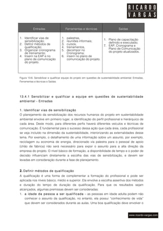 Entradas                       Ferramentas e técnicas                       Saídas


1. Identificar vias de               1. palestras,
                                                                          1. Plano de capacitação
   sensibilização;                   2. reuniões informais;
                                                                             definido e executado;
2. Definir métodos de                3. cursos,
                                                                          7. EAP, Cronograma e
   qualificação;                     4. treinamentos,
                                                                             Plano de Comunicação
3. Organizar cronograma              5. decompor no
   de treinamento;                      Cronograma;                          do projeto atualizados.
4. Inserir na EAP e no               6. inserir no plano de
   plano de comunicação                 comunicação do projeto.
   do projeto.




Figura 13-6. Sensibilizar e qualificar equipe do projeto em questões de sustentabilidade ambiental: Entradas,
Ferramentas e técnicas e Saídas




13.4.1 Sensibilizar e qualificar a equipe em questões de sustentabilidade
ambiental - Entradas


1. Identificar vias de sensibilização
O planejamento da sensibilização dos recursos humanos do projeto em sustentabilidade
ambiental envolve em primeiro lugar, a identificação do perfil profissional e hierárquico de
cada área. Deste modo, para diferentes perfis haverá diferentes veículos e técnicas de
comunicação. É fundamental para o sucesso dessa ação que cada área, cada profissional
se veja incluído na dimensão da sustentabilidade, interiorizando as externalidades desse
tema. Por exemplo, o detalhamento de uma informação sobre um assunto, por exemplo,
reciclagem ou economia de energia, direcionado via palestra para o pessoal de apoio
(chão de fábrica) não será necessário para expor o assunto para a alta direção da
empresa do projeto. O nível básico de formação, a disponibilidade de tempo e o poder de
decisão influenciam diretamente a escolha das vias de sensibilização, e devem ser
levadas em consideração durante a fase de planejamento.


2. Definir métodos de qualificação
A qualificação é uma forma de complementar a formação do profissional e pode ser
aplicada nos níveis básico, médio e superior. Ela envolve a escolha assertiva dos métodos
e duração do tempo de duração da qualificação. Para que os resultados sejam
alcançados, algumas premissas devem ser consideradas:
1. a idade da pessoa a ser qualificada – as pessoas em idade adulta podem não
    conhecer o assunto da qualificação, no entanto, ela possui “conhecimento de vida”
    que devem ser considerados durante as aulas. Uma boa qualificação deve envolver o
 