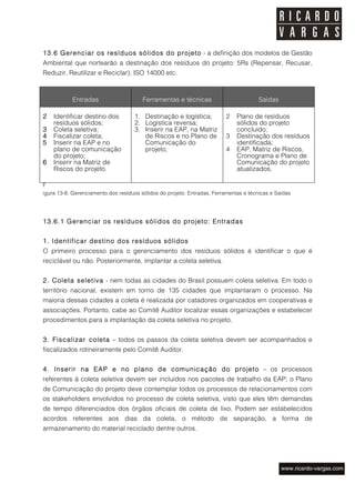 13.6 Gerenciar os resíduos sólidos do projeto - a definição dos modelos de Gestão
Ambiental que nortearão a destinação dos resíduos do projeto: 5Rs (Repensar, Recusar,
Reduzir, Reutilizar e Reciclar), ISO 14000 etc.



           Entradas                     Ferramentas e técnicas                         Saídas

2   Identificar destino dos          1. Destinação e logística;          2    Plano de resíduos
    resíduos sólidos;                2. Logística reversa;                    sólidos do projeto
3   Coleta seletiva;                 3. Inserir na EAP, na Matriz             concluído;
4   Fiscalizar coleta;                  de Riscos e no Plano de          3    Destinação dos resíduos
5   Inserir na EAP e no                 Comunicação do                        identificada;
    plano de comunicação                projeto;                         4    EAP, Matriz de Riscos,
    do projeto;                                                               Cronograma e Plano de
6   Inserir na Matriz de                                                      Comunicação do projeto
    Riscos do projeto.                                                        atualizados.

F
igura 13-8. Gerenciamento dos resíduos sólidos do projeto: Entradas, Ferramentas e técnicas e Saídas




13.6.1 Gerenciar os resíduos sólidos do projeto: Entradas


1. Identificar destino dos resíduos sólidos
O primeiro processo para o gerenciamento dos resíduos sólidos é identificar o que é
reciclável ou não. Posteriormente, implantar a coleta seletiva.


2. Coleta seletiva - nem todas as cidades do Brasil possuem coleta seletiva. Em todo o
território nacional, existem em torno de 135 cidades que implantaram o processo. Na
maioria dessas cidades a coleta é realizada por catadores organizados em cooperativas e
associações. Portanto, cabe ao Comitê Auditor localizar essas organizações e estabelecer
procedimentos para a implantação da coleta seletiva no projeto.


3. Fiscalizar coleta – todos os passos da coleta seletiva devem ser acompanhados e
fiscalizados rotineiramente pelo Comitê Auditor.


4. Inserir na EAP e no plano de comunicação do projeto – os processos
referentes à coleta seletiva devem ser incluídos nos pacotes de trabalho da EAP; o Plano
de Comunicação do projeto deve contemplar todos os processos de relacionamentos com
os stakeholders envolvidos no processo de coleta seletiva, visto que eles têm demandas
de tempo diferenciados dos órgãos oficiais de coleta de lixo. Podem ser estabelecidos
acordos referentes aos dias da coleta, o método de separação, a forma de
armazenamento do material reciclado dentre outros.
 