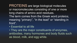 PROTEINS are large biological molecules 
or macromolecules consisting of one or more 
long chains of amino acid residues. 
The term comes from the Greek word proteios, 
meaning “primary”, “in the lead” or “standing in 
front”. 
• Essential to all life 
• They are the major constituents of enzymes, 
antibodies, many hormones and body fluids such 
as blood, milk, and egg white. 
 