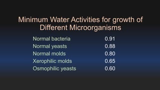 Minimum Water Activities for growth of 
Different Microorganisms 
Normal bacteria 0.91 
Normal yeasts 0.88 
Normal molds 0.80 
Xerophilic molds 0.65 
Osmophilic yeasts 0.60 
 