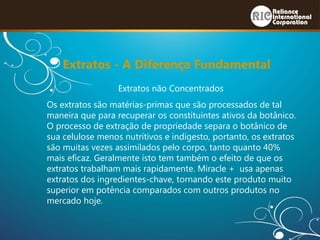 Extratos não Concentrados
Os extratos são matérias-primas que são processados ​​de tal
maneira que para recuperar os constituintes ativos da botânico.
O processo de extração de propriedade separa o botânico de
sua celulose menos nutritivos e indigesto, portanto, os extratos
são muitas vezes assimilados pelo corpo, tanto quanto 40%
mais eficaz. Geralmente isto tem também o efeito de que os
extratos trabalham mais rapidamente. Miracle + usa apenas
extratos dos ingredientes-chave, tornando este produto muito
superior em potência comparados com outros produtos no
mercado hoje.
Extratos - A Diferença Fundamental
 