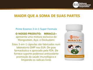 Prime Essence 3-in-1 Super Formula
O NOSSO PRODUTO: MIRACLE+
apresenta uma mistura exclusiva do
Mangosteen, Açaí, e Dockudami
Estes 3-em-1 cápsulas são fabricados num
laboratorio GMP nos EUA. De grau
farmacêutico e aprovado pela FDA. Ele
fornece suporte poderoso antioxidante
promoção da saúde imunológico e
limpando os radicais livres
MAIOR QUE A SOMA DE SUAS PARTES
 