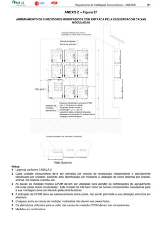 Regulamento de Instalações Consumidoras – ANEXOS 101
ANEXO Z – Figura E1
AGRUPAMENTO DE 8 MEDIDORES MONOFÁSICOS COM ENTRADA PELA ESQUERDACOM CAIXAS
MODULADAS
Ramal de ligação
Ramal de entrada
Disj. geral
condutor de
proteção
aterramento
Deve ser identificado a primeira CPOM
com nº do terreno ou prédio.
As demais devem conter a
numeração 1, 2, 3... etc; na
sequência lógica, utilizando etiquetas
adesivas com proteção UV na face interna
da tampa, conforme figura.
Calha para fixação das caixas e
passagem de cabos para o consumidor.
Vista Superior
Furação de passagem dos cabos para o consumidor
Notas:
1 Legenda conforme TABELA 2.
2 Cada unidade consumidora deve ser atendida por circuito de distribuição independente e devidamente
identificado por unidade, podendo esta identificação ser mediante a utilização de cores distintas por circuito,
anilhas, fita isolante colorida, etc.
3 As caixas de medição modelo CPOM devem ser utilizadas para atender as combinações de agrupamento
previstas neste anexo (moduladas). Este modelo de CM bem como os demais componentes necessários para
a sua montagem deve ser liberado pelas distribuidoras.
4 A utilização da CPOM deve ser exclusivamente sobre posta, não sendo permitida a sua utilização embutida em
alvenaria.
5 O espaço entre as caixas de medição moduladas não devem ser preenchidos.
6 Os eletrodutos utilizados para a união das caixas de medição CPOM devem ser transparentes.
7 Medidas em centímetros.
 