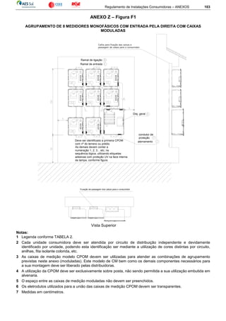 Regulamento de Instalações Consumidoras – ANEXOS 103
ANEXO Z – Figura F1
AGRUPAMENTO DE 8 MEDIDORES MONOFÁSICOS COM ENTRADA PELA DIREITA COM CAIXAS
MODULADAS
Ramal de ligação
Ramal de entrada
Disj. geral
aterramento
condutor de
proteção
Deve ser identificado a primeira CPOM
com nº do terreno ou prédio.
As demais devem conter a
numeração 1, 2, 3... etc; na
sequência lógica, utilizando etiquetas
adesivas com proteção UV na face interna
da tampa, conforme figura.
Calha para fixação das caixas e
passagem de cabos para o consumidor.
Vista Superior
Furação de passagem dos cabos para o consumidor
Notas:
1 Legenda conforme TABELA 2.
2 Cada unidade consumidora deve ser atendida por circuito de distribuição independente e devidamente
identificado por unidade, podendo esta identificação ser mediante a utilização de cores distintas por circuito,
anilhas, fita isolante colorida, etc.
3 As caixas de medição modelo CPOM devem ser utilizadas para atender as combinações de agrupamento
previstas neste anexo (moduladas). Este modelo de CM bem como os demais componentes necessários para
a sua montagem deve ser liberado pelas distribuidoras.
4 A utilização da CPOM deve ser exclusivamente sobre posta, não sendo permitida a sua utilização embutida em
alvenaria.
5 O espaço entre as caixas de medição moduladas não devem ser preenchidos.
6 Os eletrodutos utilizados para a união das caixas de medição CPOM devem ser transparentes.
7 Medidas em centímetros.
 
