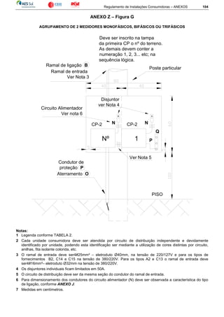 Regulamento de Instalações Consumidoras – ANEXOS 104
ANEXO Z – Figura G
AGRUPAMENTO DE 2 MEDIDORES MONOFÁSICOS, BIFÁSICOS OU TRIFÁSICOS
NN
1
CP-2
Poste particular
Ver Nota 5
PISO
Ramal de entrada
Ver Nota 3
CP-2
Nº
Ramal de ligação B
Deve ser inscrito na tampa
da primeira CP o nº do terreno.
As demais devem conter a
numeração 1, 2, 3... etc; na
sequência lógica.
Aterramento O
Condutor de
proteção P
Q
P
Disjuntor
ver Nota 4
Circuito Alimentador
Ver nota 6
Notas:
1 Legenda conforme TABELA 2.
2 Cada unidade consumidora deve ser atendida por circuito de distribuição independente e devidamente
identificado por unidade, podendo esta identificação ser mediante a utilização de cores distintas por circuito,
anilhas, fita isolante colorida, etc.
3 O ramal de entrada deve ser4#25mm² – eletroduto Ø40mm, na tensão de 220/127V e para os tipos de
fornecimentos B2, C14 e C15 na tensão de 380/220V. Para os tipos A2 e C13 o ramal de entrada deve
ser4#16mm²– eletroduto Ø32mm na tensão de 380/220V.
4 Os disjuntores individuais ficam limitados em 50A.
5 O circuito de distribuição deve ser da mesma seção do condutor do ramal de entrada.
6 Para dimensionamento dos condutores do circuito alimentador (N) deve ser observada a característica do tipo
de ligação, conforme ANEXO J.
7 Medidas em centímetros.
 