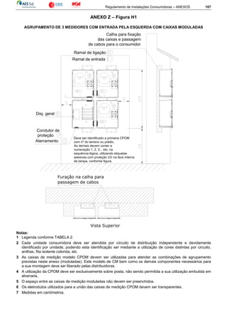 Regulamento de Instalações Consumidoras – ANEXOS 107
ANEXO Z – Figura H1
AGRUPAMENTO DE 3 MEDIDORES COM ENTRADA PELA ESQUERDA COM CAIXAS MODULADAS
Furação na calha para
passagem de cabos
Vista Superior
Deve ser identificado a primeira CPOM
com nº do terreno ou prédio.
As demais devem conter a
numeração 1, 2, 3... etc; na
sequência lógica, utilizando etiquetas
adesivas com proteção UV na face interna
da tampa, conforme figura.
Ramal de entrada
Ramal de ligação
Condutor de
proteção
Aterramento
Disj. geral
Calha para fixação
das caixas e passagem
de cabos para o consumidor
Notas:
1 Legenda conforme TABELA 2.
2 Cada unidade consumidora deve ser atendida por circuito de distribuição independente e devidamente
identificado por unidade, podendo esta identificação ser mediante a utilização de cores distintas por circuito,
anilhas, fita isolante colorida, etc.
3 As caixas de medição modelo CPOM devem ser utilizadas para atender as combinações de agrupamento
previstas neste anexo (moduladas). Este modelo de CM bem como os demais componentes necessários para
a sua montagem deve ser liberado pelas distribuidoras.
4 A utilização da CPOM deve ser exclusivamente sobre posta, não sendo permitida a sua utilização embutida em
alvenaria.
5 O espaço entre as caixas de medição moduladas não devem ser preenchidos.
6 Os eletrodutos utilizados para a união das caixas de medição CPOM devem ser transparentes.
7 Medidas em centímetros.
 