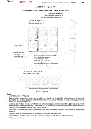 Regulamento de Instalações Consumidoras – ANEXOS 111
ANEXO Z – Figura J1
AGRUPAMENTO DE 5 MEDIDORES COM CAIXAS MODULADAS
Calha para fixação
das caixas e passagem
de cabos para o consumidor
Furação na calha para
passagem de cabos
Vista Superior
Deve ser identificado a primeira CPOM
com nº do terreno ou prédio.
As demais devem conter a
numeração 1, 2, 3... etc; na
sequência lógica, utilizando etiquetas
adesivas com proteção UV na face interna
da tampa, conforme figura.
Ramal de entrada
Ramal de ligação
Condutor de
proteção
Aterramento
Disj. geral
Notas:
1 Legenda conforme TABELA 2.
2 Cada unidade consumidora deve ser atendida por circuito de distribuição independente e devidamente
identificado por unidade, podendo esta identificação ser mediante a utilização de cores distintas por circuito,
anilhas, fita isolante colorida, etc.
3 As caixas de medição modelo CPOM devem ser utilizadas para atender as combinações de agrupamento
previstas neste anexo (moduladas). Este modelo de CM bem como os demais componentes necessários para
a sua montagem deve ser liberado pelas distribuidoras.
4 A utilização da CPOM deve ser exclusivamente sobre posta, não sendo permitida a sua utilização embutida em
alvenaria.
5 O espaço entre as caixas de medição moduladas não devem ser preenchidos.
6 Os eletrodutos utilizados para a união das caixas de medição CPOM devem ser transparentes.
7 Medidas em centímetros.
 