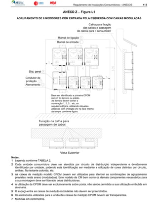 Regulamento de Instalações Consumidoras – ANEXOS 115
ANEXO Z – Figura L1
AGRUPAMENTO DE 6 MEDIDORES COM ENTRADA PELA ESQUERDA COM CAIXAS MODULADAS
Ramal de ligação
Ramal de entrada
Disj. geral
Aterramento
Condutor de
proteção
Deve ser identificado a primeira CPOM
com nº do terreno ou prédio.
As demais devem conter a
numeração 1, 2, 3... etc; na
sequência lógica, utilizando etiquetas
adesivas com proteção UV na face interna
da tampa, conforme figura.
Calha para fixação
das caixas e passagem
de cabos para o consumidor
Vista Superior
Furação na calha para
passagem de cabos
Notas:
1 Legenda conforme TABELA 2.
2 Cada unidade consumidora deve ser atendida por circuito de distribuição independente e devidamente
identificado por unidade, podendo esta identificação ser mediante a utilização de cores distintas por circuito,
anilhas, fita isolante colorida, etc.
3 As caixas de medição modelo CPOM devem ser utilizadas para atender as combinações de agrupamento
previstas neste anexo (moduladas). Este modelo de CM bem como os demais componentes necessários para
a sua montagem deve ser liberado pelas distribuidoras.
4 A utilização da CPOM deve ser exclusivamente sobre posta, não sendo permitida a sua utilização embutida em
alvenaria.
5 O espaço entre as caixas de medição moduladas não devem ser preenchidos.
6 Os eletrodutos utilizados para a união das caixas de medição CPOM devem ser transparentes.
7 Medidas em centímetros.
 