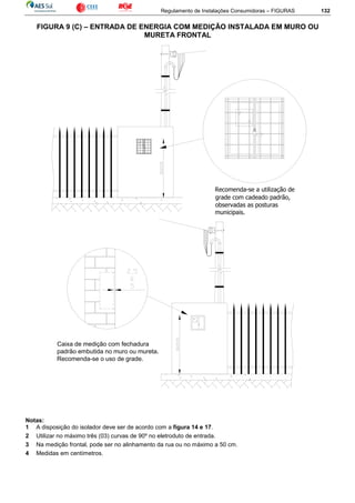 Regulamento de Instalações Consumidoras – FIGURAS 132
FIGURA 9 (C) – ENTRADA DE ENERGIA COM MEDIÇÃO INSTALADA EM MURO OU
MURETA FRONTAL
Recomenda-se a utilização de
grade com cadeado padrão,
observadas as posturas
municipais.
Caixa de medição com fechadura
padrão embutida no muro ou mureta.
Recomenda-se o uso de grade.
Notas:
1 A disposição do isolador deve ser de acordo com a figura 14 e 17.
2 Utilizar no máximo três (03) curvas de 90º no eletroduto de entrada.
3 Na medição frontal, pode ser no alinhamento da rua ou no máximo a 50 cm.
4 Medidas em centímetros.
 