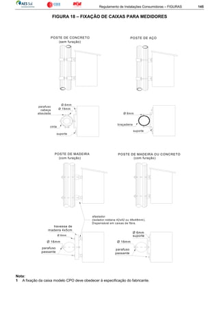 Regulamento de Instalações Consumidoras – FIGURAS 145
FIGURA 18 – FIXAÇÃO DE CAIXAS PARA MEDIDORES
suporte
Ø 6mm
afastador
(isolador roldana 42x42 ou 48x48mm).
Dispensável em caixas de fibra.
Ø 6mm
travessa de
madeira 4x5cm
Ø 16mm
parafuso
passante
parafuso
passante
Ø 6mm
braçadeira
POSTE DE MADEIRA OU CONCRETOPOSTE DE MADEIRA
(com furação)(com furação)
POSTE DE AÇO
(sem furação)
POSTE DE CONCRETO
Ø 16mm
suporte
Ø 16mm
suporte
Ø 6mm
parafuso
cabeça
abaulada
cinta
Nota:
1 A fixação da caixa modelo CPO deve obedecer à especificação do fabricante.
 