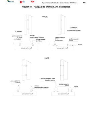 Regulamento de Instalações Consumidoras – FIGURAS 147
FIGURA 20 – FIXAÇÃO DE CAIXAS PARA MEDIDORES
afastador
(isolador roldana 76x80mm)
parafuso passante
de Ø16mm
parafuso passante
Ø16mm
parafuso passante
Ø6mm
suporte
suporte
ALVENARIA
caixa tamanho 6 ou 7
PAREDE
ALVENARIA
(comeletroduto embutido)
caixa tamanho 6 ou 7
POSTE
caixa tamanho 6 ou 7caixa tamanho 6 ou 7
parafuso passante
Ø6mm
parafuso passante
Ø6mm
ou combucha
afastador
(isolador roldana 76x80mm)
parafuso passanteØ16mm
braçadeira ou cinta
parafuso passante
Ø16mm
ou chumbador
 
