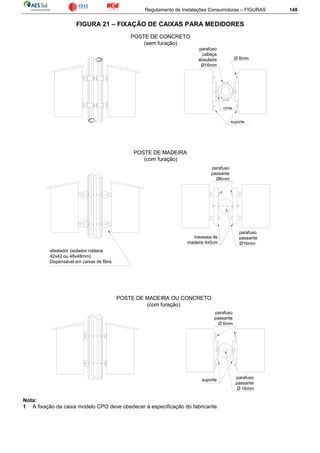 Regulamento de Instalações Consumidoras – FIGURAS 148
FIGURA 21 – FIXAÇÃO DE CAIXAS PARA MEDIDORES
afastador (isolador roldana
42x42 ou 48x48mm).
Dispensável em caixas de fibra.
parafuso
passante
Ø16mm
suporte parafuso
passante
Ø 16mm
parafuso
passante
Ø 6mm
travessa de
madeira 4x5cm
Ø 6mm
parafuso
passante
Ø6mm
parafuso
cabeça
abaulada
Ø16mm
cinta
suporte
POSTE DE CONCRETO
(sem furação)
POSTE DE MADEIRA
(com furação)
POSTE DE MADEIRA OU CONCRETO
(com furação)
Nota:
1 A fixação da caixa modelo CPO deve obedecer à especificação do fabricante.
 