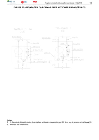 Regulamento de Instalações Consumidoras – FIGURAS 150
FIGURA 23 – MONTAGEM DAS CAIXAS PARA MEDIDORES MONOFÁSICOS
Notas:
1 A disposição dos eletrodutos de entrada e saída para caixas internas (CI) deve ser de acordo com a figura 22.
2 Medidas em centímetros.
 