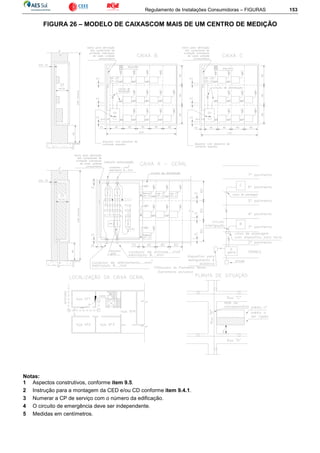 Regulamento de Instalações Consumidoras – FIGURAS 153
FIGURA 26 – MODELO DE CAIXASCOM MAIS DE UM CENTRO DE MEDIÇÃO
Notas:
1 Aspectos construtivos, conforme item 9.5.
2 Instrução para a montagem da CED e/ou CD conforme item 9.4.1.
3 Numerar a CP de serviço com o número da edificação.
4 O circuito de emergência deve ser independente.
5 Medidas em centímetros.
 