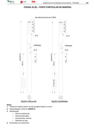 Regulamento de Instalações Consumidoras – FIGURAS 158
FIGURA 30 (B) – POSTE PARTICULAR DE MADEIRA
160±15
500/600/700
Ø1,8
2313Ø1,8
160±15
500/600/700
110/120/130
Ø1,8
1323
Ø1,8
20102020
20202010
três voltas de arame de aço 14 BWG
SEÇÃOQUADRADASEÇÃOCIRCULAR
Identificação Identificação
Notas:
1 Postes de madeira devem ser de eucalipto tratado ou cerne.
2 Especificações conforme ANEXO K.
3 Identificação:
- Nome do fabricante;
- Data da fabricação;
- Comprimento nominal;
- Diâmetro do topo.
4 Dimensões em centímetros.
 
