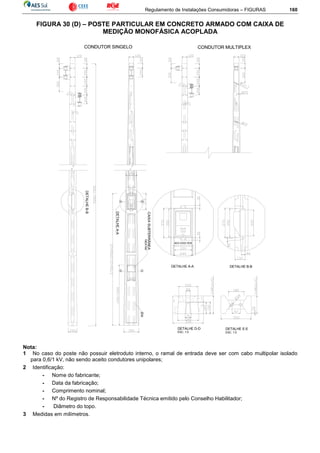 Regulamento de Instalações Consumidoras – FIGURAS 160
FIGURA 30 (D) – POSTE PARTICULAR EM CONCRETO ARMADO COM CAIXA DE
MEDIÇÃO MONOFÁSICA ACOPLADA
DETALHE A-A DETALHE B-B
ESC. 1:5
DETALHE D-D DETALHE E-E
ESC. 1:5
CONDUTOR MULTIPLEXCONDUTOR SINGELO
DETALHEB-B
DETALHEA-A
E E
D D
Ø34
CAIXASUBTERRÂNEA
180X160
AES-CEEE-RGE
Nota:
1 No caso do poste não possuir eletroduto interno, o ramal de entrada deve ser com cabo multipolar isolado
para 0,6/1 kV, não sendo aceito condutores unipolares;
2 Identificação:
- Nome do fabricante;
- Data da fabricação;
- Comprimento nominal;
- Nº do Registro de Responsabilidade Técnica emitido pelo Conselho Habilitador;
- Diâmetro do topo.
3 Medidas em milímetros.
 