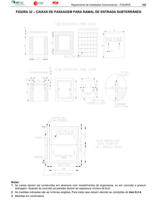 Regulamento de Instalações Consumidoras – FIGURAS 162
FIGURA 32 – CAIXAS DE PASSAGEM PARA RAMAL DE ENTRADA SUBTERRÂNEO
Notas:
1 As caixas devem ser construídas em alvenaria com revestimentos de argamassa, ou em concreto e possuir
drenagem. Quando de concreto as paredes devem ter espessura mínima de 6cm.
2 As medidas indicadas são as mínimas exigidas. Para cada caso devem atender as condições do item 8.2.4.
3 Medidas em centímetros.
 