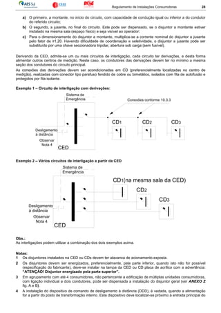 Regulamento de Instalações Consumidoras 28
a) O primeiro, a montante, no início do circuito, com capacidade de condução igual ou inferior a do condutor
do referido circuito;
b) O segundo, a jusante, no final do circuito. Este pode ser dispensado, se o disjuntor a montante estiver
instalado na mesma sala (espaço físico) e seja visível ao operador;
c) Para o dimensionamento do disjuntor a montante, multiplica-se a corrente nominal do disjuntor a jusante
pelo fator de ≥1,20. Havendo dificuldade de coordenação e seletividade, o disjuntor a jusante pode ser
substituído por uma chave seccionadora tripolar, abertura sob carga (sem fusível).
Derivando da CED, admite-se um ou mais circuitos de interligação, cada circuito ter derivações, e desta forma
alimentar outros centros de medição. Neste caso, os condutores das derivações devem ter no mínimo a mesma
seção dos condutores do circuito principal.
As conexões das derivações devem ser acondicionadas em CD (preferencialmente localizadas no centro de
medição), realizadas com conector tipo parafuso fendido de cobre ou bimetálico, isolados com fita de autofusão e
protegidos por fita isolante.
Exemplo 1 – Circuito de interligação com derivações:
Exemplo 2 – Vários circuitos de interligação a partir da CED
Obs.:
As interligações podem utilizar a combinação dos dois exemplos acima.
Notas:
1 Os disjuntores instalados na CED ou CDs devem ter alavanca de acionamento exposta.
2 Os disjuntores devem ser energizados, preferencialmente, pela parte inferior, quando isto não for possível
(especificação do fabricante), deve-se instalar na tampa da CED ou CD placa de acrílico com a advertência:
“ATENÇÃO! Disjuntor energizado pela parte superior”.
3 Em agrupamento com até 4 consumidores, não pertencente a edificação de múltiplas unidades consumidoras,
com ligação individual a dois condutores, pode ser dispensada a instalação do disjuntor geral (ver ANEXO Z
fig. A e B).
4 A instalação do dispositivo de comando de desligamento à distância (DDD), é vedada, quando a alimentação
for a partir do posto de transformação interno. Este dispositivo deve localizar-se próximo à entrada principal do
CED
CD1 CD2 CD3
Conexões conforme 10.3.3
Sistema de
Emergência
Desligamento
à distância
Observar
Nota 4
CED
CD1(na mesma sala da CED)
CD2
CD3
Sistema de
Emergência
Desligamento
à distância
Observar
Nota 4
 