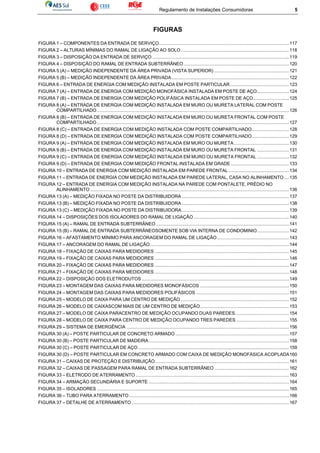 Regulamento de Instalações Consumidoras 5
FIGURAS
FIGURA 1 – COMPONENTES DA ENTRADA DE SERVIÇO.....................................................................................................117
FIGURA 2 – ALTURAS MÍNIMAS DO RAMAL DE LIGAÇÃO AO SOLO....................................................................................118
FIGURA 3 – DISPOSIÇÃO DA ENTRADA DE SERVIÇO ..........................................................................................................119
FIGURA 4 – DISPOSIÇÃO DO RAMAL DE ENTRADA SUBTERRÂNEO..................................................................................120
FIGURA 5 (A) – MEDIÇÃO INDEPENDENTE DA ÁREA PRIVADA (VISTA SUPERIOR) ..........................................................121
FIGURA 5 (B) – MEDIÇÃO INDEPENDENTE DA ÁREA PRIVADA ...........................................................................................122
FIGURA 6 – ENTRADA DE ENERGIA COM MEDIÇÃO INSTALADA EM POSTE PARTICULAR..............................................123
FIGURA 7 (A) – ENTRADA DE ENERGIA COM MEDIÇÃO MONOFÁSICA INSTALADA EM POSTE DE AÇO.........................124
FIGURA 7 (B) – ENTRADA DE ENERGIA COM MEDIÇÃO POLIFÁSICA INSTALADA EM POSTE DE AÇO............................125
FIGURA 8 (A) – ENTRADA DE ENERGIA COM MEDIÇÃO INSTALADA EM MURO OU MURETA LATERAL COM POSTE
COMPARTILHADO.....................................................................................................................................................126
FIGURA 8 (B) – ENTRADA DE ENERGIA COM MEDIÇÃO INSTALADA EM MURO OU MURETA FRONTAL COM POSTE
COMPARTILHADO.....................................................................................................................................................127
FIGURA 8 (C) – ENTRADA DE ENERGIA COM MEDIÇÃO INSTALADA COM POSTE COMPARTILHADO.............................128
FIGURA 8 (D) – ENTRADA DE ENERGIA COM MEDIÇÃO INSTALADA COM POSTE COMPARTILHADO.............................129
FIGURA 9 (A) – ENTRADA DE ENERGIA COM MEDIÇÃO INSTALADA EM MURO OU MURETA...........................................130
FIGURA 9 (B) – ENTRADA DE ENERGIA COM MEDIÇÃO INSTALADA EM MURO OU MURETA FRONTAL .........................131
FIGURA 9 (C) – ENTRADA DE ENERGIA COM MEDIÇÃO INSTALADA EM MURO OU MURETA FRONTAL .........................132
FIGURA 9 (D) – ENTRADA DE ENERGIA COM MEDIÇÃO FRONTAL INSTALADA EM GRADE .............................................133
FIGURA 10 – ENTRADA DE ENERGIA COM MEDIÇÃO INSTALADA EM PAREDE FRONTAL ...............................................134
FIGURA 11 – ENTRADA DE ENERGIA COM MEDIÇÃO INSTALADA EM PAREDE LATERAL, CASA NO ALINHAMENTO....135
FIGURA 12 – ENTRADA DE ENERGIA COM MEDIÇÃO INSTALADA NA PAREDE COM PONTALETE, PRÉDIO NO
ALINHAMENTO ..........................................................................................................................................................136
FIGURA 13 (A) – MEDIÇÃO FIXADA NO POSTE DA DISTRIBUIDORA ...................................................................................137
FIGURA 13 (B) – MEDIÇÃO FIXADA NO POSTE DA DISTRIBUIDORA ...................................................................................138
FIGURA 13 (C) – MEDIÇÃO FIXADA NO POSTE DA DISTRIBUIDORA ...................................................................................139
FIGURA 14 – DISPOSIÇÕES DOS ISOLADORES DO RAMAL DE LIGAÇÃO ..........................................................................140
FIGURA 15 (A) – RAMAL DE ENTRADA SUBTERRÂNEO .......................................................................................................141
FIGURA 15 (B) – RAMAL DE ENTRADA SUBTERRÂNEOSOMENTE SOB VIA INTERNA DE CONDOMINIO.........................142
FIGURA 16 – AFASTAMENTO MÍNIMO PARA ANCORAGEM DO RAMAL DE LIGAÇÃO........................................................143
FIGURA 17 – ANCORAGEM DO RAMAL DE LIGAÇÃO............................................................................................................144
FIGURA 18 – FIXAÇÃO DE CAIXAS PARA MEDIDORES ........................................................................................................145
FIGURA 19 – FIXAÇÃO DE CAIXAS PARA MEDIDORES ........................................................................................................146
FIGURA 20 – FIXAÇÃO DE CAIXAS PARA MEDIDORES ........................................................................................................147
FIGURA 21 – FIXAÇÃO DE CAIXAS PARA MEDIDORES ........................................................................................................148
FIGURA 22 – DISPOSIÇÃO DOS ELETRODUTOS ..................................................................................................................149
FIGURA 23 – MONTAGEM DAS CAIXAS PARA MEDIDORES MONOFÁSICOS .....................................................................150
FIGURA 24 – MONTAGEM DAS CAIXAS PARA MEDIDORES POLIFÁSICOS ........................................................................151
FIGURA 25 – MODELO DE CAIXA PARA UM CENTRO DE MEDIÇÃO ....................................................................................152
FIGURA 26 – MODELO DE CAIXASCOM MAIS DE UM CENTRO DE MEDIÇÃO.....................................................................153
FIGURA 27 – MODELO DE CAIXA PARACENTRO DE MEDIÇÃO OCUPANDO DUAS PAREDES..........................................154
FIGURA 28 – MODELO DE CAIXA PARA CENTRO DE MEDIÇÃO OCUPANDO TRES PAREDES .........................................155
FIGURA 29 – SISTEMA DE EMERGÊNCIA ..............................................................................................................................156
FIGURA 30 (A) – POSTE PARTICULAR DE CONCRETO ARMADO ........................................................................................157
FIGURA 30 (B) – POSTE PARTICULAR DE MADEIRA.............................................................................................................158
FIGURA 30 (C) – POSTE PARTICULAR DE AÇO .....................................................................................................................159
FIGURA 30 (D) – POSTE PARTICULAR EM CONCRETO ARMADO COM CAIXA DE MEDIÇÃO MONOFÁSICA ACOPLADA160
FIGURA 31 – CAIXAS DE PROTEÇÃO E DISTRIBUIÇÃO........................................................................................................161
FIGURA 32 – CAIXAS DE PASSAGEM PARA RAMAL DE ENTRADA SUBTERRÂNEO ..........................................................162
FIGURA 33 – ELETRODO DE ATERRAMENTO .......................................................................................................................163
FIGURA 34 – ARMAÇÃO SECUNDÁRIA E SUPORTE .............................................................................................................164
FIGURA 35 – ISOLADORES .....................................................................................................................................................165
FIGURA 36 – TUBO PARA ATERRAMENTO ............................................................................................................................166
FIGURA 37 – DETALHE DE ATERRAMENTO ..........................................................................................................................167
 