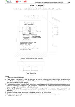 Regulamento de Instalações Consumidoras – ANEXOS 93
ANEXO Z – Figura A1
AGRUPAMENTO DE 2 MEDIDORES MONOFÁSICOS COM CAIXAS MODULADAS
Deve ser identificado a primeira CPOM
com nº do terreno ou prédio.
As demais devem conter a
numeração 1, 2, 3... etc; na
sequência lógica, utilizando etiquetas
adesivas com proteção UV na face interna
da tampa, conforme figura.
Aterramento
Condutor de
proteção
Ramal de ligação
Ramal de entrada
Ponto para conexão
do condutor de proteção
Calha para fixação das caixas e
passagem de cabos para o consumidor.
Vista Superior
Furação de passagem dos cabos para o consumidor
Notas:
1 Legenda conforme TABELA 2.
2 Cada unidade consumidora deve ser atendida por circuito de distribuição independente e devidamente
identificado por unidade, podendo esta identificação ser mediante a utilização de cores distintas por circuito,
anilhas e/ou fita identificação colorida.
3 As caixas de medição modelo CPOM devem ser utilizadas para atender as combinações de agrupamento
previstas neste anexo (moduladas). Este modelo de CM bem como os demais componentes necessários para
a sua montagem deve ser liberado pelas distribuidoras.
4 A utilização da CPOM deve ser exclusivamente sobre posta, não sendo permitida a sua utilização embutida em
alvenaria.
5 O espaço entre as caixas de medição moduladas não devem ser preenchidos.
6 Os eletrodutos utilizados para a união das caixas de medição CPOM devem ser transparentes.
7 Medidas em centímetros.
 