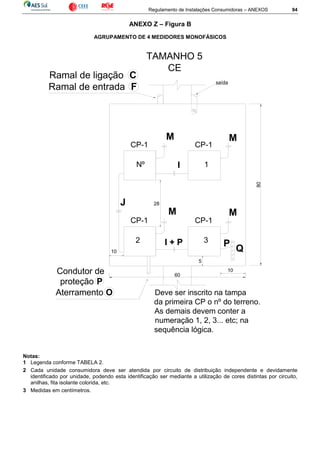 Regulamento de Instalações Consumidoras – ANEXOS 94
ANEXO Z – Figura B
AGRUPAMENTO DE 4 MEDIDORES MONOFÁSICOS
saída
I + P
CP-1
10
5
J 28
M
I
Ramal de ligação C
Ramal de entrada F
M
M
M
Aterramento O
Condutor de
proteção P
60
CP-1
80
CP-1CP-1
TAMANHO 5
CE
Nº 1
2 3
Deve ser inscrito na tampa
da primeira CP o nº do terreno.
As demais devem conter a
numeração 1, 2, 3... etc; na
sequência lógica.
10
Q
P
Notas:
1 Legenda conforme TABELA 2.
2 Cada unidade consumidora deve ser atendida por circuito de distribuição independente e devidamente
identificado por unidade, podendo esta identificação ser mediante a utilização de cores distintas por circuito,
anilhas, fita isolante colorida, etc.
3 Medidas em centímetros.
 