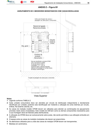 Regulamento de Instalações Consumidoras – ANEXOS 95
ANEXO Z – Figura B1
AGRUPAMENTO DE 3 MEDIDORES MONOFÁSICOS COM CAIXAS MODULADAS
Deve ser identificado a primeira CPOM
com nº do terreno ou prédio.
As demais devem conter a
numeração 1, 2, 3... etc; na
sequência lógica, utilizando etiquetas
adesivas com proteção UV na face interna
da tampa, conforme figura.
Ponto para
conexão do
condutor de
proteção
Disj. geral
Calha para fixação das caixas e
passagem de cabos para o consumidor.
Furação de passagem dos cabos para o consumidor
Vista Superior
Condutor de
proteção
Aterramento
Ramal de ligação
Ramal de entrada
Notas:
1 Legenda conforme TABELA 2.
2 Cada unidade consumidora deve ser atendida por circuito de distribuição independente e devidamente
identificado por unidade, podendo esta identificação ser mediante a utilização de cores distintas por circuito,
anilhas, fita isolante colorida, etc.
3 As caixas de medição modelo CPOM devem ser utilizadas para atender as combinações de agrupamento
previstas neste anexo (moduladas). Este modelo de CM bem como os demais componentes necessários para
a sua montagem deve ser liberado pelas distribuidoras.
4 A utilização da CPOM deve ser exclusivamente sobre posta, não sendo permitida a sua utilização embutida em
alvenaria.
5 O espaço entre as caixas de medição moduladas não devem ser preenchidos.
6 Os eletrodutos utilizados para a união das caixas de medição CPOM devem ser transparentes.
7 Medidas em centímetros.
 