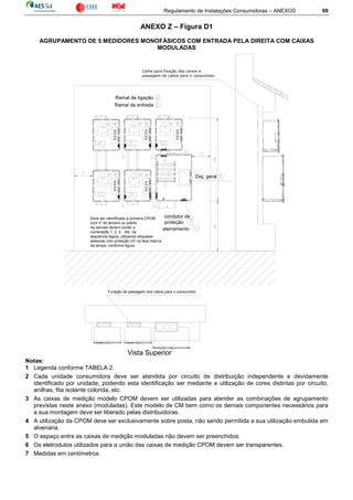 Regulamento de Instalações Consumidoras – ANEXOS 99
ANEXO Z – Figura D1
AGRUPAMENTO DE 5 MEDIDORES MONOFÁSICOS COM ENTRADA PELA DIREITA COM CAIXAS
MODULADAS
Ramal de ligação
Ramal de entrada
Disj. geral
aterramento
condutor de
proteção
Deve ser identificado a primeira CPOM
com nº do terreno ou prédio.
As demais devem conter a
numeração 1, 2, 3... etc; na
sequência lógica, utilizando etiquetas
adesivas com proteção UV na face interna
da tampa, conforme figura.
Calha para fixação das caixas e
passagem de cabos para o consumidor.
Vista Superior
Furação de passagem dos cabos para o consumidor
Notas:
1 Legenda conforme TABELA 2.
2 Cada unidade consumidora deve ser atendida por circuito de distribuição independente e devidamente
identificado por unidade, podendo esta identificação ser mediante a utilização de cores distintas por circuito,
anilhas, fita isolante colorida, etc.
3 As caixas de medição modelo CPOM devem ser utilizadas para atender as combinações de agrupamento
previstas neste anexo (moduladas). Este modelo de CM bem como os demais componentes necessários para
a sua montagem deve ser liberado pelas distribuidoras.
4 A utilização da CPOM deve ser exclusivamente sobre posta, não sendo permitida a sua utilização embutida em
alvenaria.
5 O espaço entre as caixas de medição moduladas não devem ser preenchidos.
6 Os eletrodutos utilizados para a união das caixas de medição CPOM devem ser transparentes.
7 Medidas em centímetros.
 