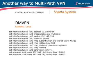 Another way to Multi-Path VPN
set interfaces tunnel tun0 address 10.0.0.99/24
set interfaces tunnel tun0 encapsulation gre-multipoint
set interfaces tunnel tun0 local‐ip 192.168.2.99
set interfaces tunnel tun0 multicast enable
set interfaces tunnel tun0 nhrp authentication pre‐shared‐secret NET10
set interfaces tunnel tun0 nhrp holding‐time 300
set interfaces tunnel tun0 nhrp multicast parameters dynamic
set interfaces tunnel tun0 nhrp redirect
set interfaces tunnel tun0 parameters ip key 1
set protocols static route 192.168.1.0/24 next‐hop 10.0.0.1
set protocols static route 192.168.2.0/24 next‐hop 10.0.0.2
 