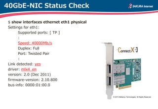 40GbE-NIC Status Check
$ show interfaces ethernet eth1 physical
Settings for eth1:
Supported ports: [ TP ]
:
Speed: 40000Mb/s
Duplex: Full
Port: Twisted Pair
:
Link detected: yes
driver: mlx4_en
version: 2.0 (Dec 2011)
firmware-version: 2.10.800
bus-info: 0000:01:00.0
© 2013 Mellanox Technologies. All Rights Reserved.
 
