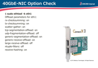 40GbE-NIC Option Check
$ sudo ethtool -k eth1
Offload parameters for eth1:
rx-checksumming: on
tx-checksumming: on
scatter-gather: on
tcp-segmentation-offload: on
udp-fragmentation-offload: off
generic-segmentation-offload: on
generic-receive-offload: on
large-receive-offload: off
ntuple-filters: off
receive-hashing: on
© 2013 Mellanox Technologies. All Rights Reserved.
 