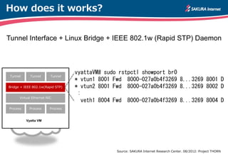 How does it works?
Bridge + IEEE 802.1w(Rapid STP)
Virtual Ethernet NIC
Process Process Process
Tunnel Tunnel Tunnel
Vyatta VM
vyattaVM# sudo rstpctl showport br0
* vtun1 8001 Fwd 8000-027a0b4f3269 8...3269 8001 D
* vtun2 8001 Fwd 8000-027a0b4f3269 8...3269 8002 D
:
veth1 8004 Fwd 8000-027a0b4f3269 8...3269 8004 D
Tunnel Interface + Linux Bridge + IEEE 802.1w (Rapid STP) Daemon
Source: SAKURA Internet Research Center. 08/2012: Project THORN
 