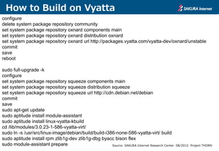 How to Build on Vyatta
configure
delete system package repository community
set system package repository oxnard components main
set system package repository oxnard distribution oxnard
set system package repository oxnard url http://packages.vyatta.com/vyatta-dev/oxnard/unstable
commit
save
reboot
sudo full-upgrade -k
configure
set system package repository squeeze components main
set system package repository squeeze distribution squeeze
set system package repository squeeze url http://cdn.debian.net/debian
commit
save
sudo apt-get update
sudo aptitude install module-assistant
sudo aptitude install linux-vyatta-kbuild
cd /lib/modules/3.0.23-1-586-vyatta-virt/
sudo ln -s /usr/src/linux-image/debian/build/build-i386-none-586-vyatta-virt/ build
sudo aptitude install rpm zlib1g-dev zlib1g-dbg byacc bison flex
sudo module-assistant prepare Source: SAKURA Internet Research Center. 08/2012: Project THORN
 