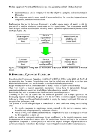 Medical equipment Preventive Maintenance: is a new approach possible? - Reduced version


        Each maintenance service company will have be subject to a complete audit at least once in
         24 months;
        The competent authority must record all non-conformities, the corrective interventions to
         compensate, and the recommendations.

Implementing this law in European Community, a higher general degree of quality would be
guaranteed in medical equipment maintenance service organizations. That consequence would
cause a higher level of medical device reliability and so a probable improvement in patient & staff
safety (cf. figure 7.5.).




Figure 7.5: Consequences coming from the modification of European directive on reliability of medical
device.

D. BIOMEDICAL EQUIPMENT TECHNICIAN
Considering the Commission Regulation (EC) No 2042/2003 of 20 November 2003 (cf. 5.2.5.), I
am suggesting that European Commission would bind the technicians who desire to perform any
kind of maintenance task on a medical device to obtain the following requirements.
People must be more that 18 years old in order to make a request of licence of maintenance.
They who require a medical equipment maintenance licence have to demonstrate through
examination to have an appropriate level of knowledge of pertinent modules of subjects.
In addiction they have to possess certain requirements of matured experiences.
According to the kind of licence that the technician possesses (for example specialized in
bioimaging medical equipment), this person will be allowed to accomplish specific maintenance
tasks and to release specific certification to readmit in service the piece of equipment, following up
an appropriate maintenance task.
The practice of certification privileges is subordinated to some conditions, among the following
ones:
     Six month experience in maintenance sector, matured in the last two previous years,
        according to privileges granted by maintenance licence;
     Ability to read, write and to communicate at a comprehensible level in a language in which
        the documentation is drawn up.
Achieving a medical equipment maintenance licence would supply to the hospital managers a more
homogeneous and standardized way to select the professionals that are working in the healthcare
organization, compared to current practice in which the hospital managers require technician’s
curriculum vitae and on this basis the manager valuates the professionalism of the same technician.


26
 