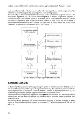 Medical equipment Preventive Maintenance: is a new approach possible? - Reduced version


engineer will improve the effectiveness of his/her job, reducing costs and maintaining unaltered the
reliability levels of the responsibly selected portion of medical equipment.
The knowledge of the most important failure cause is useful for different equipment classes. Let’s
consider the department “A”, in which a significant portion of medical equipment is subjected to
failures relating to “user related” reason: it is probable that in such department the users’ care for
the medical equipment is poor, maybe due to new workers. In such a case, the area in which to
invest more resources would be staff training. The knowledge of failure pattern and failure causes
contributes to improve patient healthcare quality (see figure 8.2.).




                       Figure 8.2: Proposal to improve patient healthcare quality.


REALISTIC SCENARIO
In the most probable scenario technology manager’s goal is to maintain unaltered the high level of
patient healthcare quality and to cope with a growth in financing that is less than proportional to the
increasing necessities of Healthcare sector of Member Countries in the European Union: de facto
the technology manager is going to support a reduction in available resources.
It results that clinical engineering department must optimize the resources, and, differently from the
previous case, it is not posed the problem that is about where to invest the resources obtained from
the optimization.
The main proposed way to get this result is that of the selection of the best technique to adopt,
basing on the comparison of failure patterns of each model/CIVAB technology class, if risk analysis
allows it.




30
 