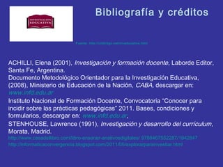 Bibliografía y créditos

                             Fuente: http://ciidirdgo.net/inveducativa.html




ACHILLI, Elena (2001), Investigación y formación docente, Laborde Editor,
Santa Fe, Argentina.
Documento Metodológico Orientador para la Investigación Educativa,
(2008), Ministerio de Educación de la Nación, CABA, descargar en:
www.infd.edu.ar
Instituto Nacional de Formación Docente, Convocatoria “Conocer para
incidir sobre las prácticas pedagógicas” 2011. Bases, condiciones y
formularios, descargar en: www.infd.edu.ar,
STENHOUSE, Lawrence (1991), Investigación y desarrollo del currículum,
Morata, Madrid.
http://www.casadellibro.com/libro-ensenar-anativosdigitales/ 9788467552287/1942847
http://informaticaconvergencia.blogspot.com/2011/05/explorarparainvestiar.html
 