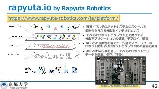42
rapyuta.io by Rapyuta Robotics
https://www.rapyuta-robotics.com/ja/platform/
• 異種・マルチロボットシステムにスケールと
柔軟性を与える分散型インテリジェンス
...