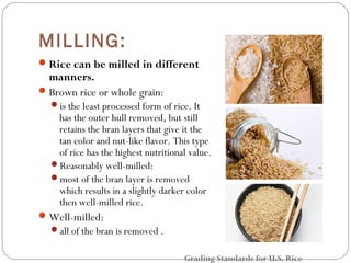 MILLING: 
Rice can be milled in different 
manners. 
Brown rice or whole grain: 
is the least processed form of rice. It 
has the outer hull removed, but still 
retains the bran layers that give it the 
tan color and nut-like flavor. This type 
of rice has the highest nutritional value. 
Reasonably well-milled: 
most of the bran layer is removed 
which results in a slightly darker color 
then well-milled rice. 
Well-milled: 
all of the bran is removed . 
Grading Standards for U.S. Rice 
 