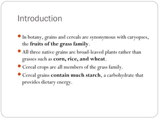Introduction 
In botany, grains and cereals are synonymous with caryopses, 
the fruits of the grass family. 
All three native grains are broad-leaved plants rather than 
grasses such as corn, rice, and wheat. 
Cereal crops are all members of the grass family. 
Cereal grains contain much starch, a carbohydrate that 
provides dietary energy. 
 
