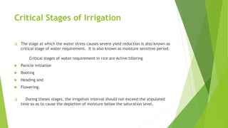 Critical Stages of Irrigation
 The stage at which the water stress causes severe yield reduction is also known as
critical stage of water requirement. It is also known as moisture sensitive period.
Critical stages of water requirement in rice are Active tillering
 Panicle initiation
 Booting
 Heading and
 Flowering.
 During theses stages, the irrigation interval should not exceed the stipulated
time so as to cause the depletion of moisture below the saturation level.
 